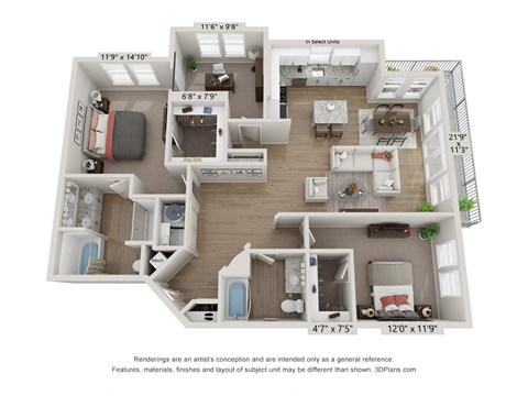 Floor plan for 2 beds, 2 baths, 1456 sqft